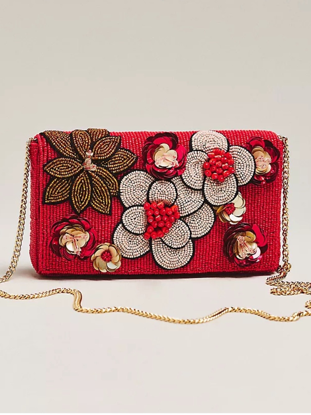 Maeve 3D Red Beaded Floral Clutch with Gold Chain